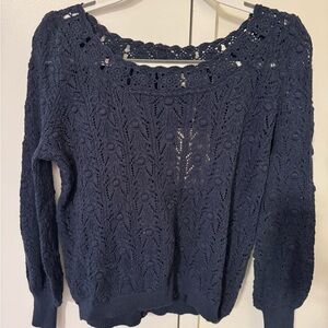 Women's Navy Crochet Knit Sweater - Casual Openwork Pullover size small